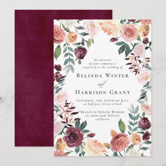 ラスティック チャーム バーガンディ ブラッシュ フラワー ガーデン ウェディング 招待状 (正面/裏面)