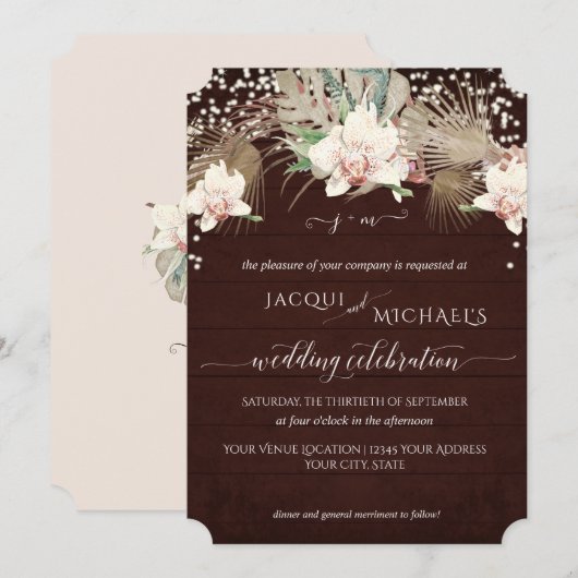 ラスティック ツインクル ホワイト オーキッド フラワール バーガンディー ウッド 招待状 (正面/裏面)