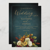 ラスティック ティール | オレンジ | レッド フラワーブーケ ウェディング 招待状 (正面/裏面)