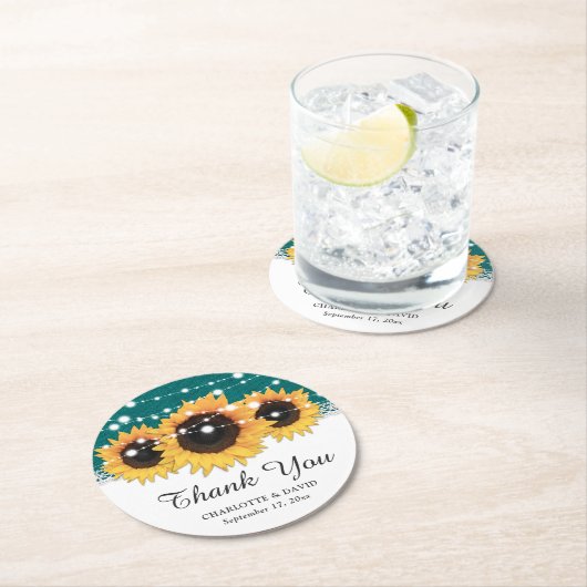 ラスティック ティール バルーン ひまわり ウェディング ラウンドペーパーコースター (インサイチュ)