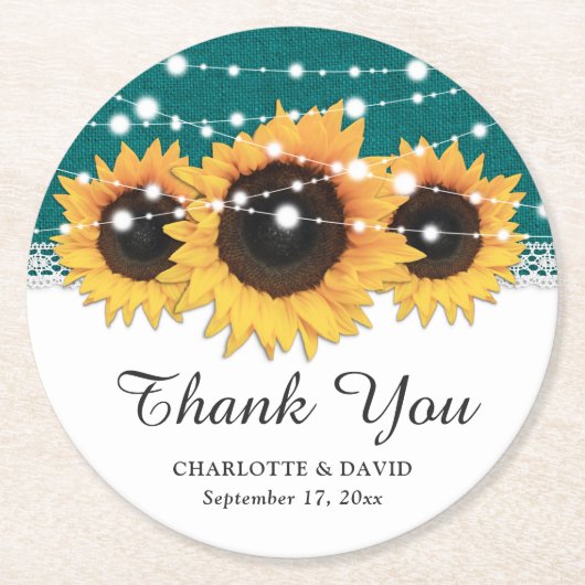 ラスティック ティール バルーン ひまわり ウェディング ラウンドペーパーコースター (正面)