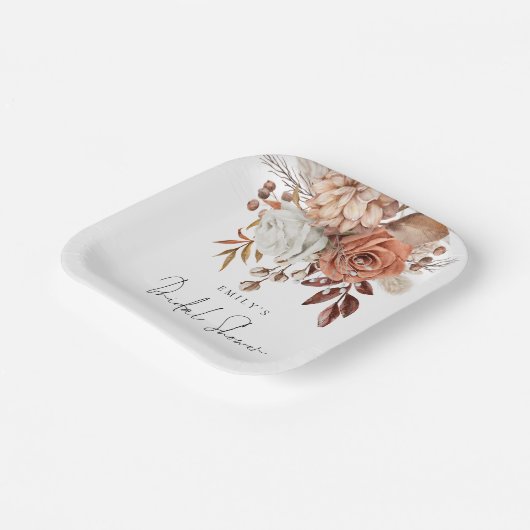 ラスティック テラコッタ フラワーズ ネーム ブライズシャワー ペーパープレート (傾斜あり)