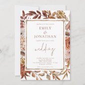 ラスティック テラコッタ フラワーズ ボーダー QR コード ウェディング 招待状 (正面)