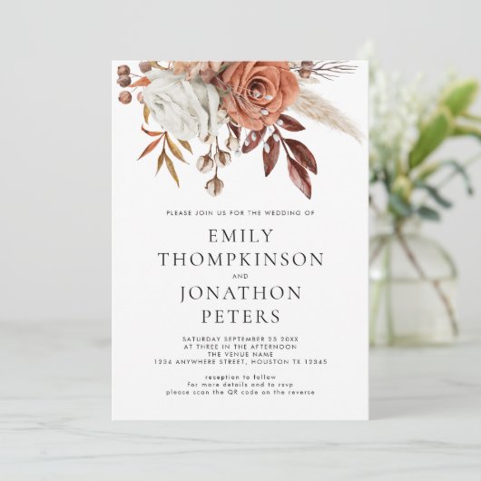 ラスティック テラコッタ フラワーズ QR コード ウェディング 招待状 (スタンド正面)