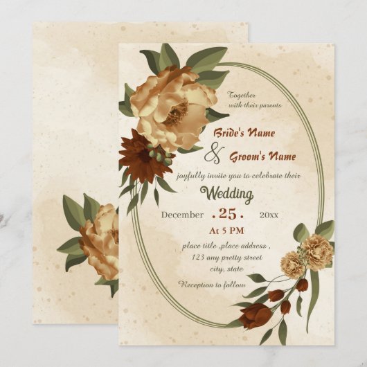 ラスティック テラコッタ フラワー ジオメトリック ウェディング 招待状 (正面/裏面)