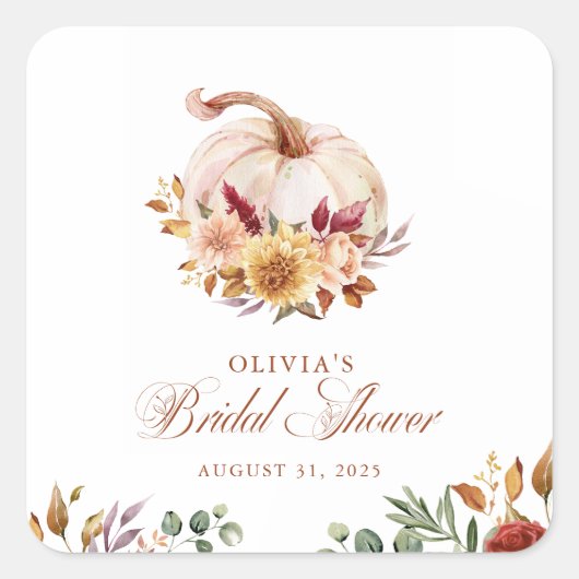 ラスティック テラコッタ フローラル パンパス グラスとパンプキン スクエアシール (正面)