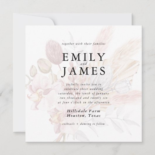 ラスティック ニュートラル ベージュ ボヘミア フラワー ウェディング 招待状 (正面)