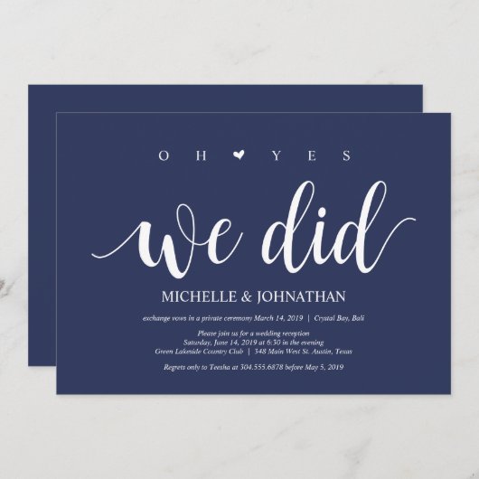 ラスティック ネイビーブルー ウェディング エロープメント レセプション 招待状 (正面/裏面)