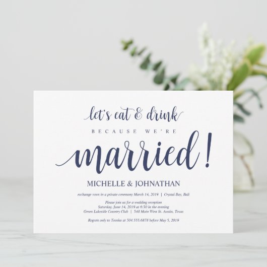 ラスティック ネイビーブルー ウェディング エロープメント レセプション 招待状 (スタンド正面)