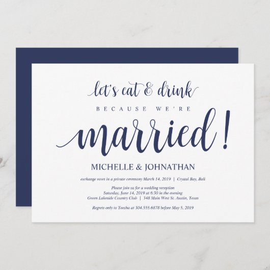 ラスティック ネイビーブルー ウェディング エロープメント レセプション 招待状 (正面/裏面)