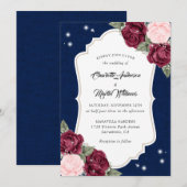 ラスティック ネイビーブルー バーガンディー ブラッシュ フラワー ウェディング 招待状 (正面/裏面)