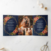 ラスティック ネイビーブルー バーンオレンジ フローラル フレーム ウェディング 三つ折り招待状 (内部)