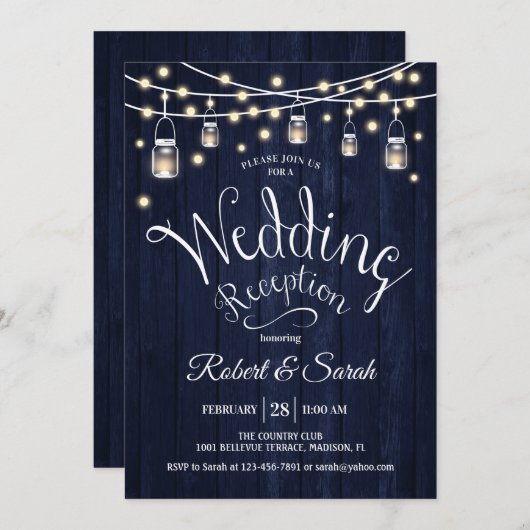 ラスティック ネイビー ウッド & ライト ウェディング レセプション 招待状 (正面/裏面)