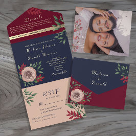 ラスティック ネイビー バーガンディ ウェディング オールインワン招待状