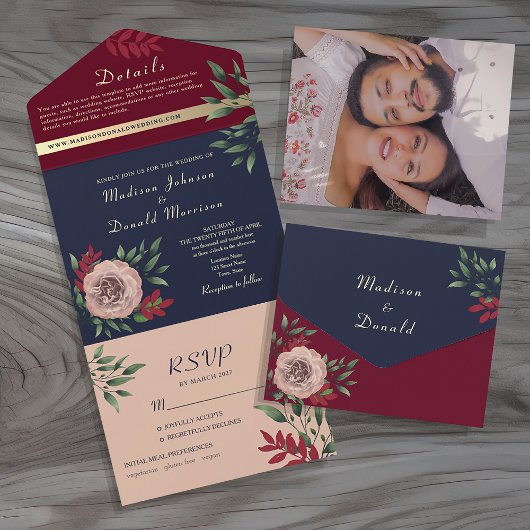 ラスティック ネイビー バーガンディ ウェディング オールインワン招待状