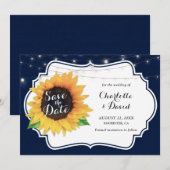 ラスティック ネイビー バーラップ ヒマワリ Save The Date カード (正面/裏面)