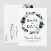 ラスティック ネイビー 牡丹 水彩 結婚式の招待状（仮） 案内ポストカード (正面/裏面)