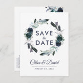 ラスティック ネイビー 牡丹 水彩 Save the Date 案内ポストカード (正面/裏面)