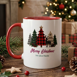 ラスティック・バッファロー・チェック柄のクリスマスツリーと家族の名前 マグカップ