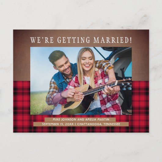 ラスティック・バッファロー・チェック 結婚式の保存日フォト 案内ポストカード (正面)