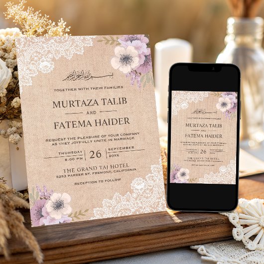 ラスティック+バラップ+レース+ピンク+フラワー+イスラム教式+結婚式 招待状