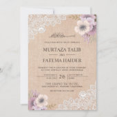 ラスティック+バラップ+レース+ピンク+フラワー+イスラム教式+結婚式 招待状 (正面)