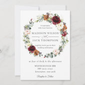 ラスティック バーガンディー アイボリー オレンジ フローラル リース ウェディング 招待状 (正面)