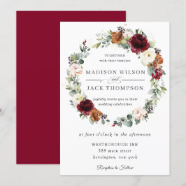ラスティック バーガンディー アイボリー オレンジ フローラル リース ウェディング 招待状