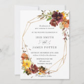 ラスティック バーガンディー イエロー フラワーズ ウェディング ジオメトリック 招待状 (正面)