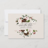 ラスティック バーガンディー、ピンク、グリーンの花の結婚式 セーブザデート (正面)