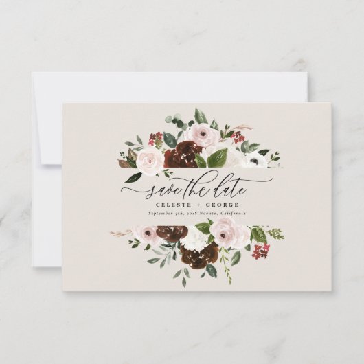 ラスティック バーガンディー、ピンク、グリーンの花の結婚式 セーブザデート (正面)