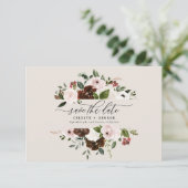 ラスティック バーガンディー、ピンク、グリーンの花の結婚式 セーブザデート (スタンド正面)