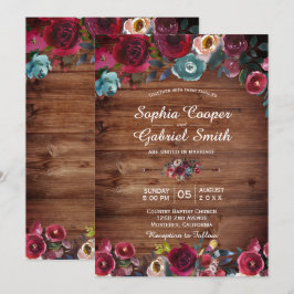 ラスティック バーガンディ ネイビー フラワーズ ウッド ウェディング 招待状