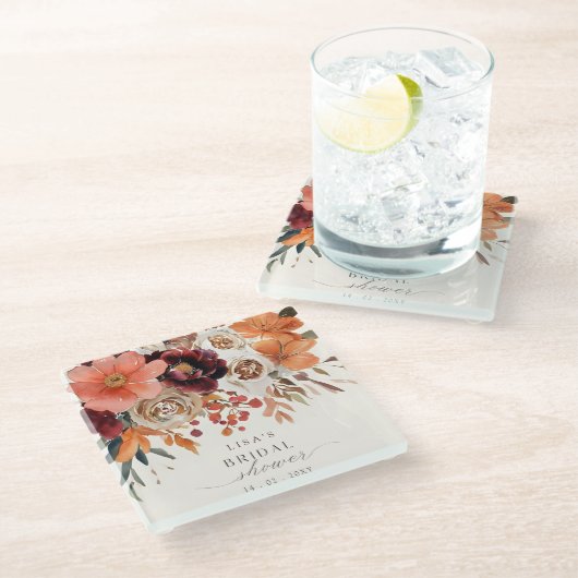 ラスティック バーガンディ フローラル オータム ブライダル シャワー ガラスコースター (アングル)