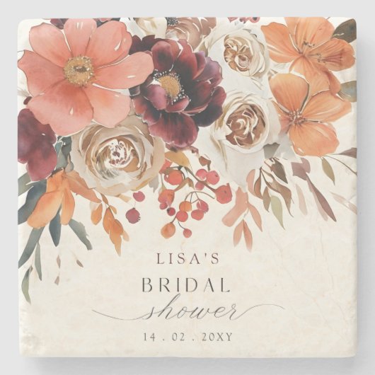 ラスティック バーガンディ フローラル オータム ブライダル シャワー ストーンコースター (正面)