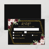 ラスティック バーガンディ フローラル ブラック＆ゴールド ウェディング 出欠カード (正面/裏面)