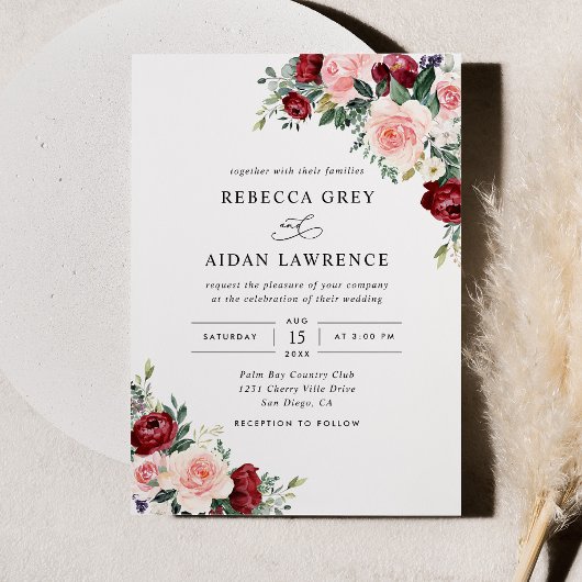 ラスティック バーガンディ ブラッシュ フラワー ウェディング 招待状