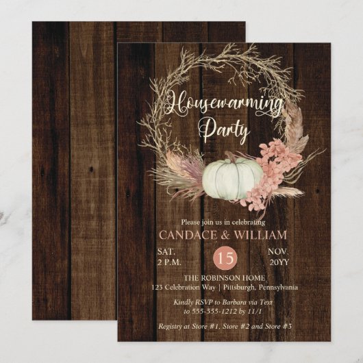 ラスティック パンプキン パンパス リース 新築祝いパーティー 招待状 (正面/裏面)