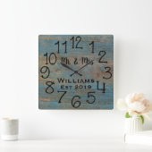 ラスティック パーソナライズ ブルー ディストレス ウッド カスタム スクエア壁時計 (ホーム)