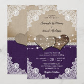 ラスティック パープル バーラップレース ウェディング 招待状 (正面/裏面)