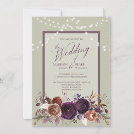 ラスティック パープル フローラル ストリング ライト グリーン ウェディング 招待状