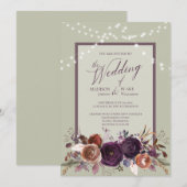 ラスティック パープル フローラル ストリング ライト グリーン ウェディング 招待状 (正面/裏面)