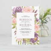 ラスティック パープル ブラッシュ ピンク フローラル オールインワン ウェディング 招待状 (スタンド正面)