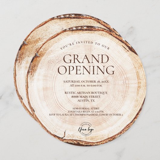 ラスティック ビジネス ロゴ グランドオープンの木のテーマ 招待状 (正面/裏面)