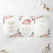 ラスティック ピンクとゴールドのパンプキン フラワー ウェディング 三つ折り招待状 (内部)