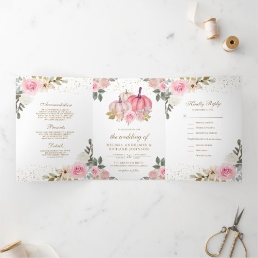 ラスティック ピンクとゴールドのパンプキン フラワー ウェディング 三つ折り招待状 (内部)