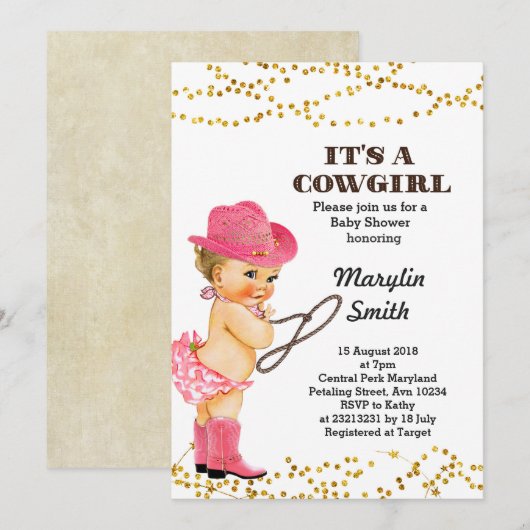 ラスティック ピンクカウガール ベビーシャワー 女の子 招待状 (正面/裏面)
