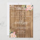 ラスティック ピンク フラワーとウッドの結婚式招待状 招待状 (正面)
