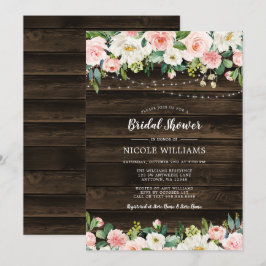 ラスティック ピンク フラワー ストリング ライト ブライダル シャワー 招待状