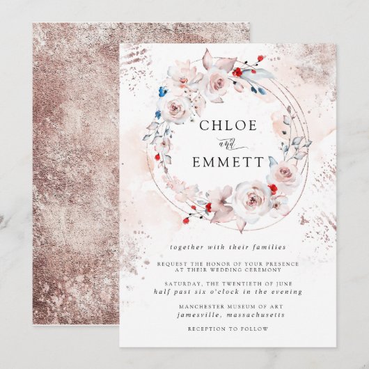 ラスティック ピンク ローズ フラワーズとゴールドのウェディング 招待状 (正面/裏面)